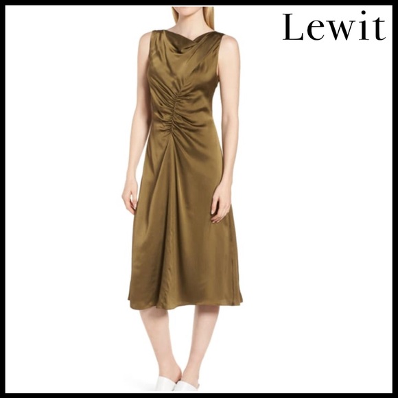 Lewit Dresses & Skirts - NEW LEWIT RUCHED COWL NECK SATIN MIDI DRESS